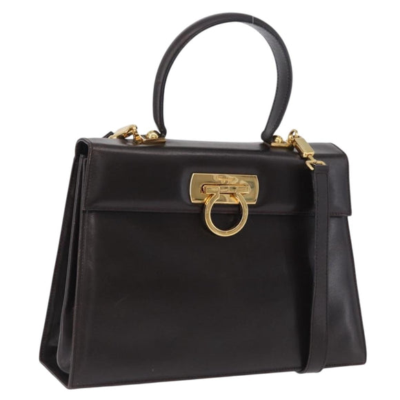 Salvatore Ferragamo Gancini Hand Bag Leather 2way Brown Gold Auth 197167