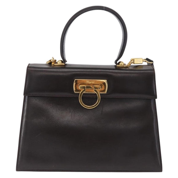 Salvatore Ferragamo Gancini Hand Bag Leather 2way Brown Gold Auth 197167