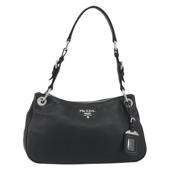 PRADA Shoulder Bag Vittero Dino Leather Black Silver Auth 197187V
