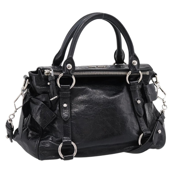 Miu Miu Hand Bag Vitello Lux Leather 2way Black Silver Auth 197198SAM
