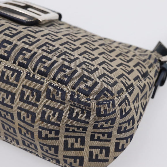 FENDI Zucchino Canvas Mamma Baguette Shoulder Bag Navy Silver Auth 197199A