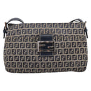 FENDI Zucchino Canvas Mamma Baguette Shoulder Bag Navy Silver Auth 197199A-13