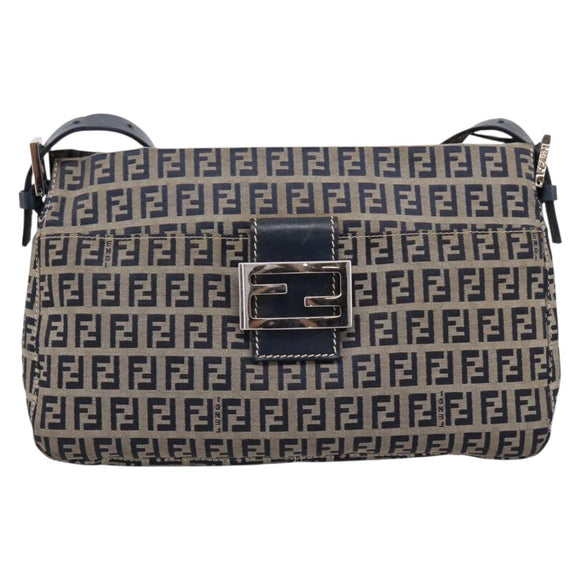 FENDI Zucchino Canvas Mamma Baguette Shoulder Bag Navy Silver Auth 197199A