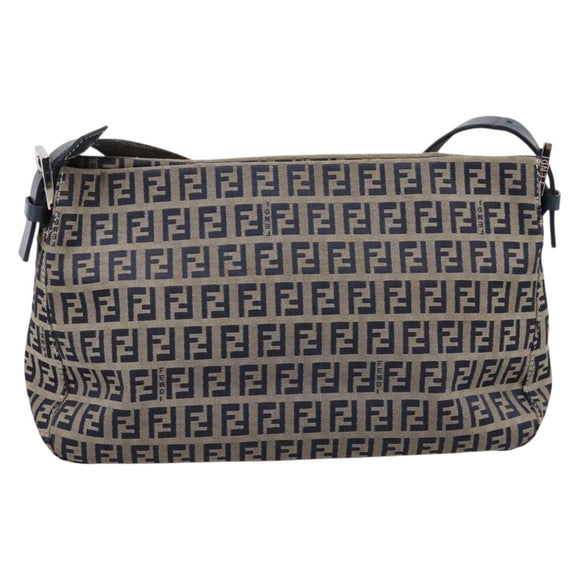 FENDI Zucchino Canvas Mamma Baguette Shoulder Bag Navy Silver Auth 197199A