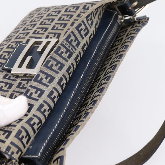 FENDI Zucchino Canvas Mamma Baguette Shoulder Bag Navy Silver Auth 197199A