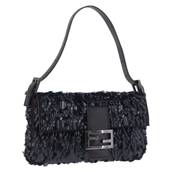 FENDI Mamma Baguette Shoulder Bag Canvas Sequin Black Auth 197205SM