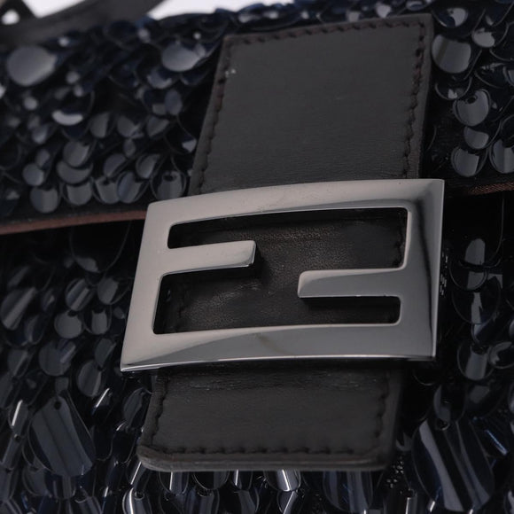 FENDI Mamma Baguette Shoulder Bag Canvas Sequin Black Auth 197205SM