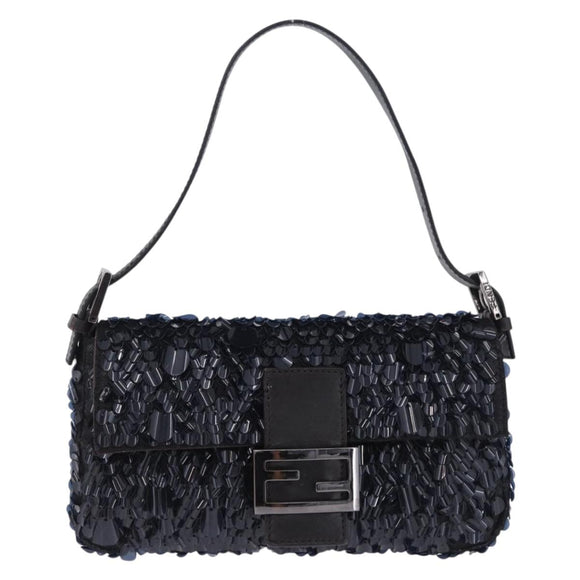 FENDI Mamma Baguette Shoulder Bag Canvas Sequin Black Auth 197205SM