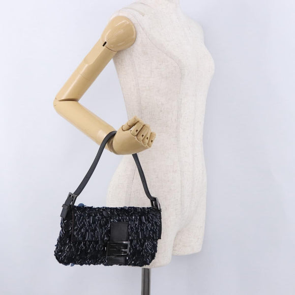 FENDI Mamma Baguette Shoulder Bag Canvas Sequin Black Auth 197205SM