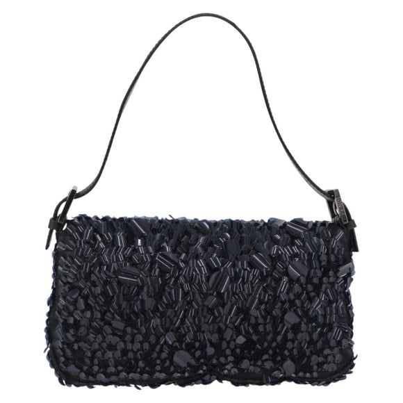 FENDI Mamma Baguette Shoulder Bag Canvas Sequin Black Auth 197205SM