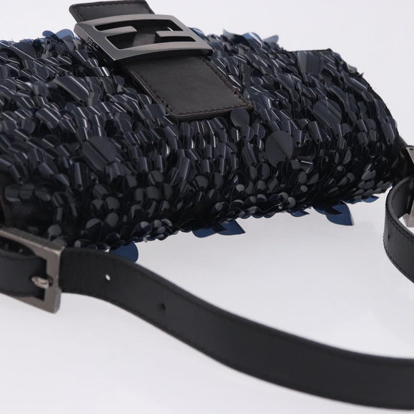 FENDI Mamma Baguette Shoulder Bag Canvas Sequin Black Auth 197205SM