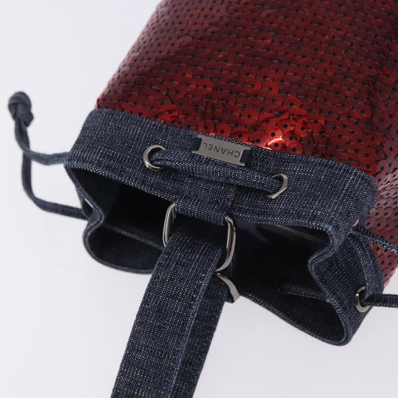 CHANEL Hand Bag Canvas Sequins Red CC Auth 197209SAV