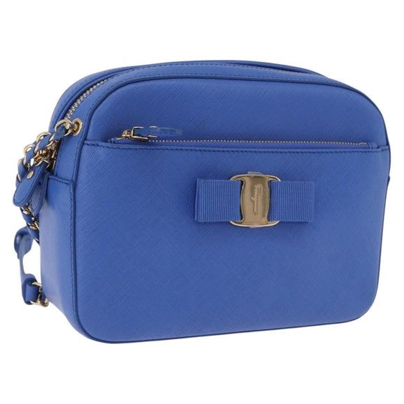 Salvatore Ferragamo Vala Chain Shoulder Bag Leather Blue Gold Auth 197212V