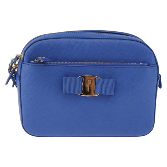 Salvatore Ferragamo Vala Chain Shoulder Bag Leather Blue Gold Auth 197212V