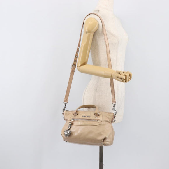 Miu Miu Vitellolux Hand Bag Leather 2way Beige Silver Auth 197230V