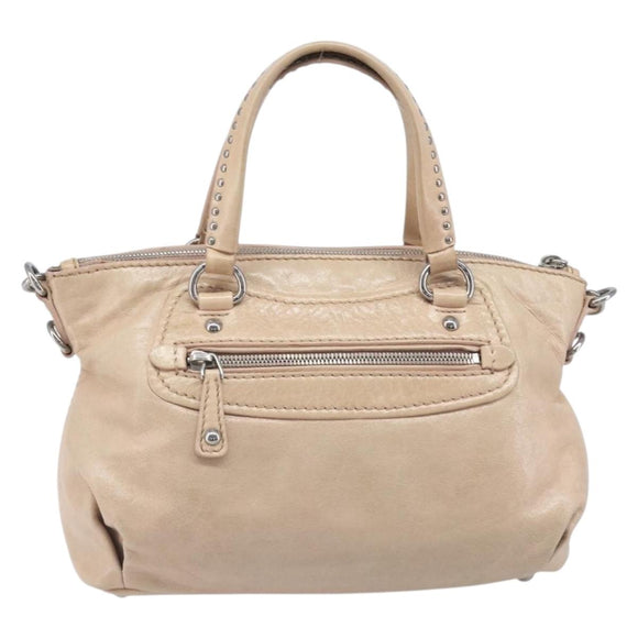 Miu Miu Vitellolux Hand Bag Leather 2way Beige Silver Auth 197230V