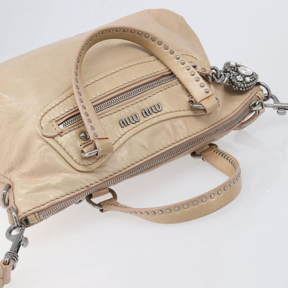 Miu Miu Vitellolux Hand Bag Leather 2way Beige Silver Auth 197230V