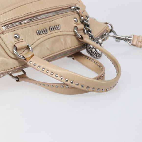 Miu Miu Vitellolux Hand Bag Leather 2way Beige Silver Auth 197230V