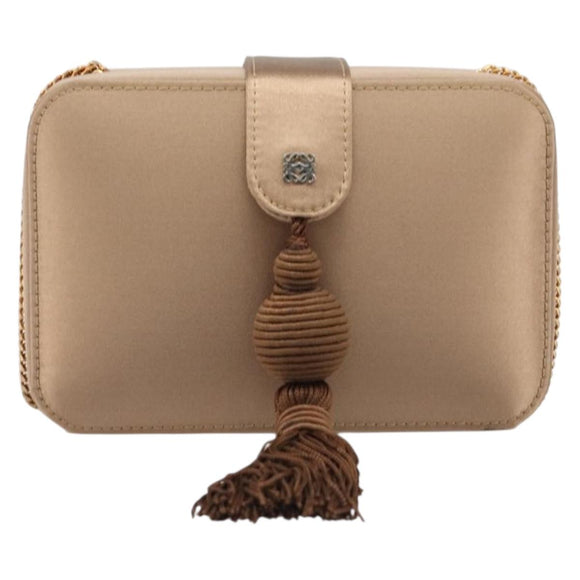 LOEWE Chain Shoulder Bag Satin Beige Gold Auth 197254