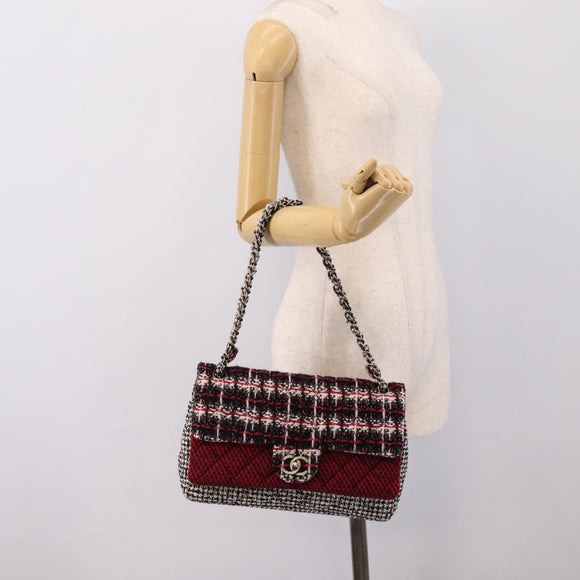 CHANEL Chain Shoulder Bag Tweed Red CC Auth 197303SAM