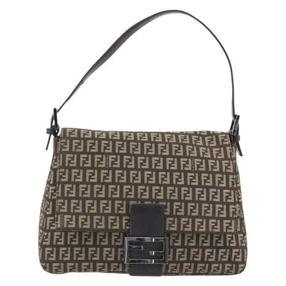 FENDI Zucchino Canvas Mamma Baguette Shoulder Bag Brown Auth 197310V