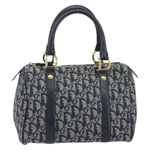 Christian Dior Trotter Canvas Boston Bag Navy Gold Auth 197320V