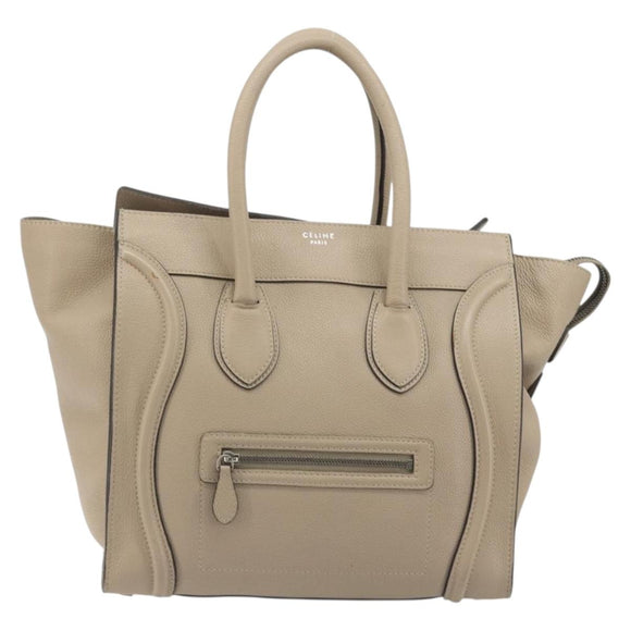 CELINE Luggage Medium Hand Bag Leather Beige Silver Auth 197325A