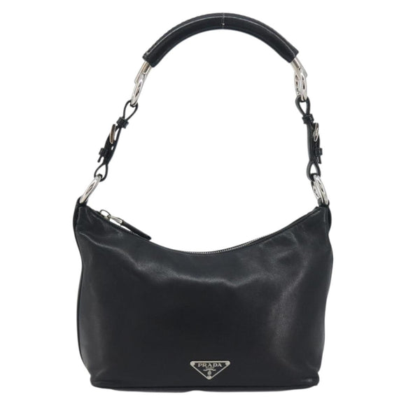 PRADA Hand Bag Leather Black Silver Auth 197326V