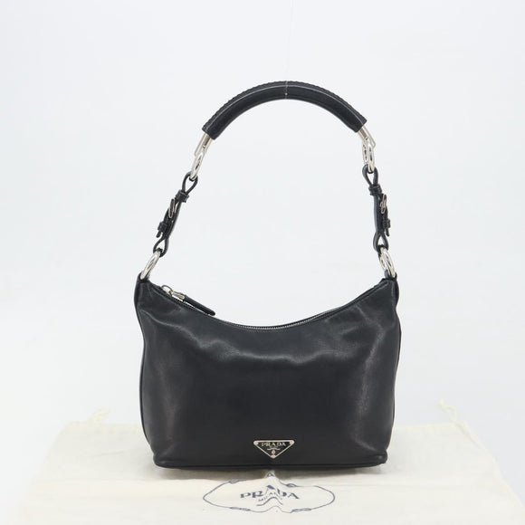 PRADA Hand Bag Leather Black Silver Auth 197326V