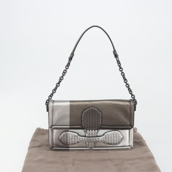 BOTTEGA VENETA Rialto Chain Shoulder Bag Leather Silver Auth 197328V