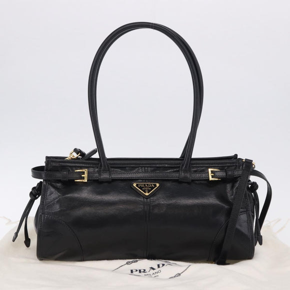 PRADA Bonnie Hand Bag Leather 2way Black Gold Auth 197332SAM