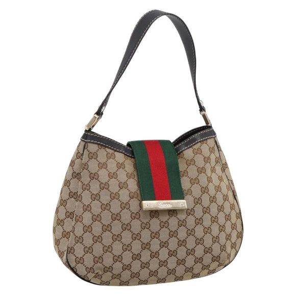 GUCCI GG Canvas Web Sherry Line Shoulder Bag Beige Gold 233608 Auth 197333V