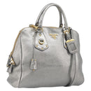 PRADA Hand Bag Vittero Dino Leather 2way Silver Gold Auth 197342V-1
