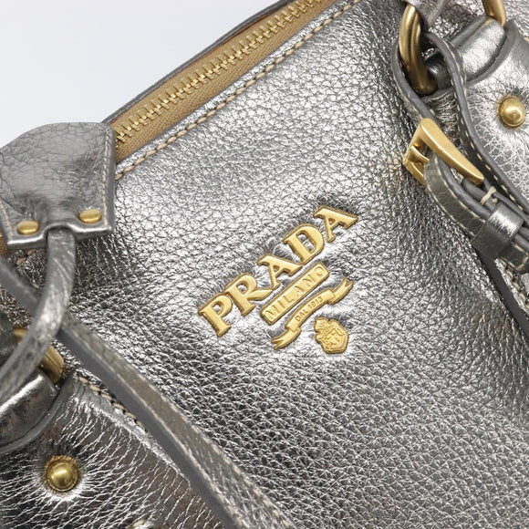 PRADA Hand Bag Vittero Dino Leather 2way Silver Gold Auth 197342V