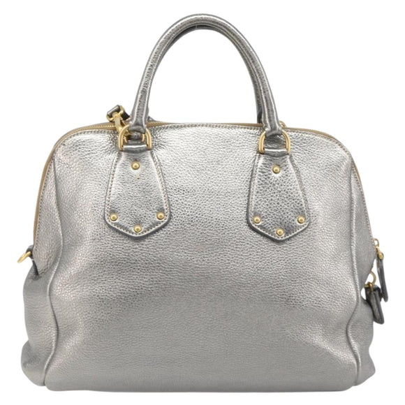 PRADA Hand Bag Vittero Dino Leather 2way Silver Gold Auth 197342V