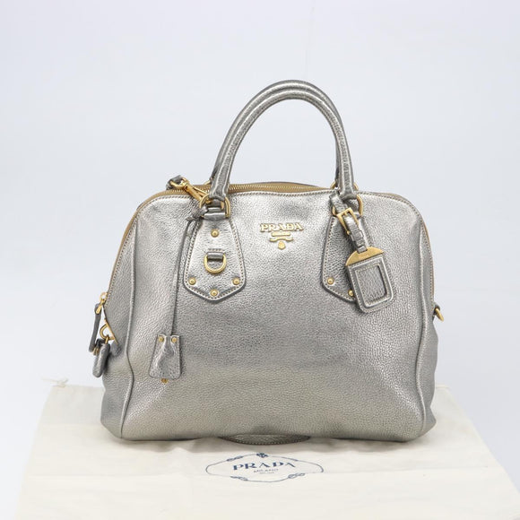 PRADA Hand Bag Vittero Dino Leather 2way Silver Gold Auth 197342V