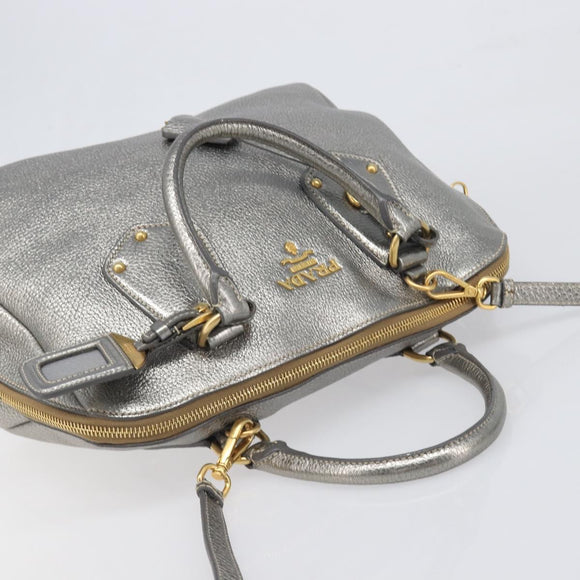 PRADA Hand Bag Vittero Dino Leather 2way Silver Gold Auth 197342V