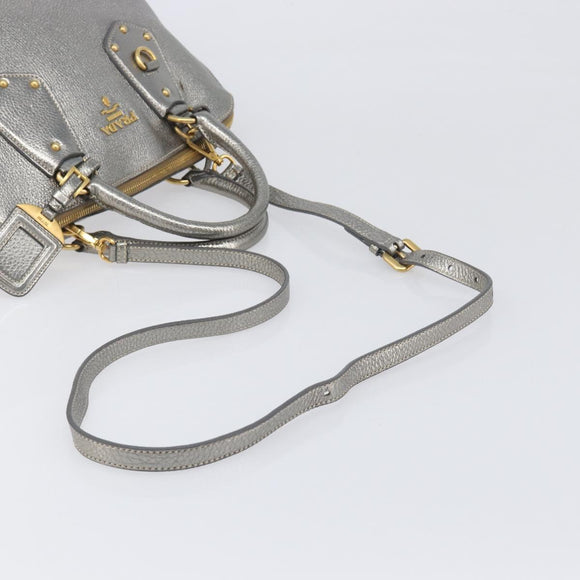 PRADA Hand Bag Vittero Dino Leather 2way Silver Gold Auth 197342V