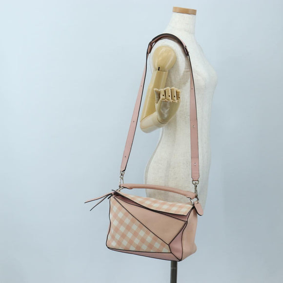 LOEWE Puzzle Bag Medium Bag Leather 2way Pink Silver Auth 197442A