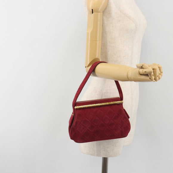 CHANEL Matelasse Hand Bag Suede Red Gold CC Auth 197450A
