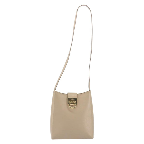 Salvatore Ferragamo Gancini Shoulder Bag Leather Beige Gold Auth 197467