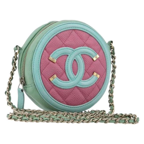 CHANEL Chain CC Filigree Matelasse Bag Caviar Skin Pink Gold CC Auth 197471A