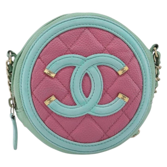 CHANEL Chain CC Filigree Matelasse Bag Caviar Skin Pink Gold CC Auth 197471A