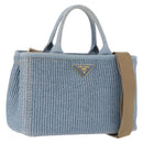 PRADA Hand Bag Straw 2way Light Blue Gold Auth 197472A-1