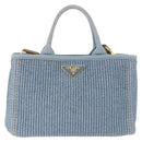 PRADA Hand Bag Straw 2way Light Blue Gold Auth 197472A-13