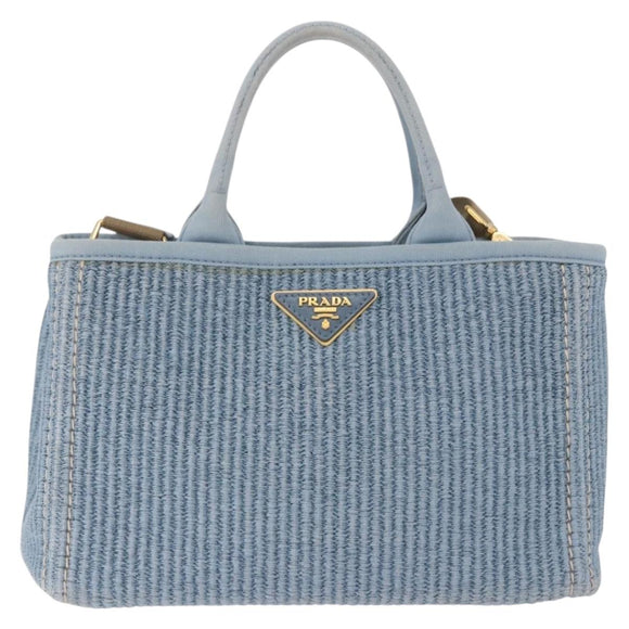 PRADA Hand Bag Straw 2way Light Blue Gold Auth 197472A