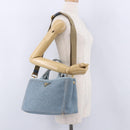 PRADA Hand Bag Straw 2way Light Blue Gold Auth 197472A-26