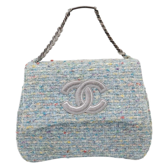 CHANEL COCO Mark Chain Hand Bag Tweed Light Blue Silver CC Auth 197488SAM