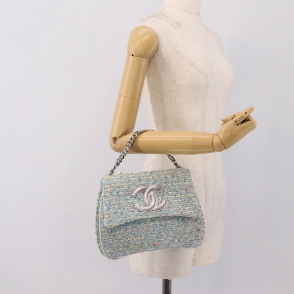 CHANEL COCO Mark Chain Hand Bag Tweed Light Blue Silver CC Auth 197488SAM