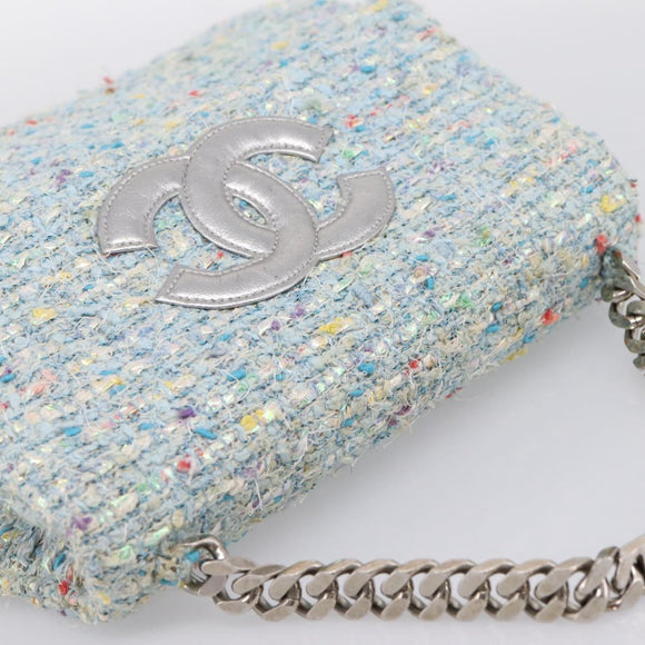CHANEL COCO Mark Chain Hand Bag Tweed Light Blue Silver CC Auth 197488SAM